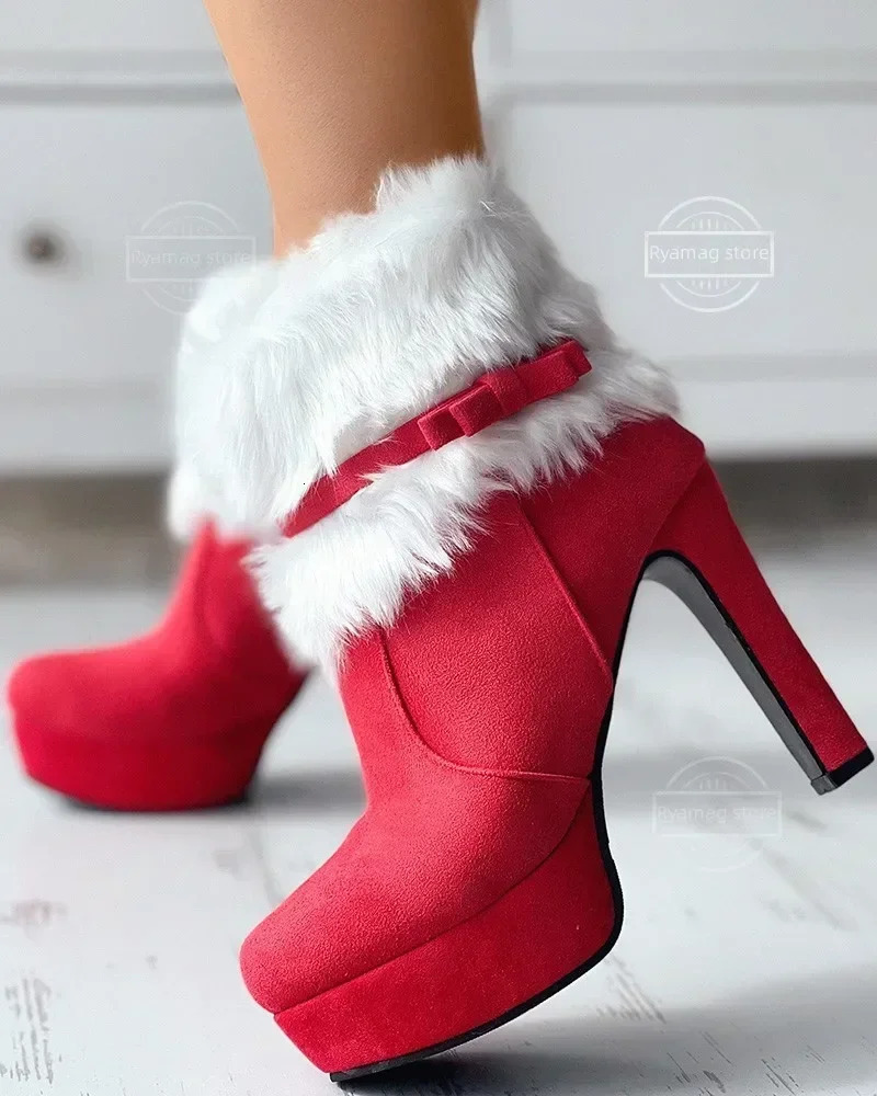Boots womens bow thin high heels matte ankle winter shoes waterproof platform high-heeled bow decoration Christmas red 241113