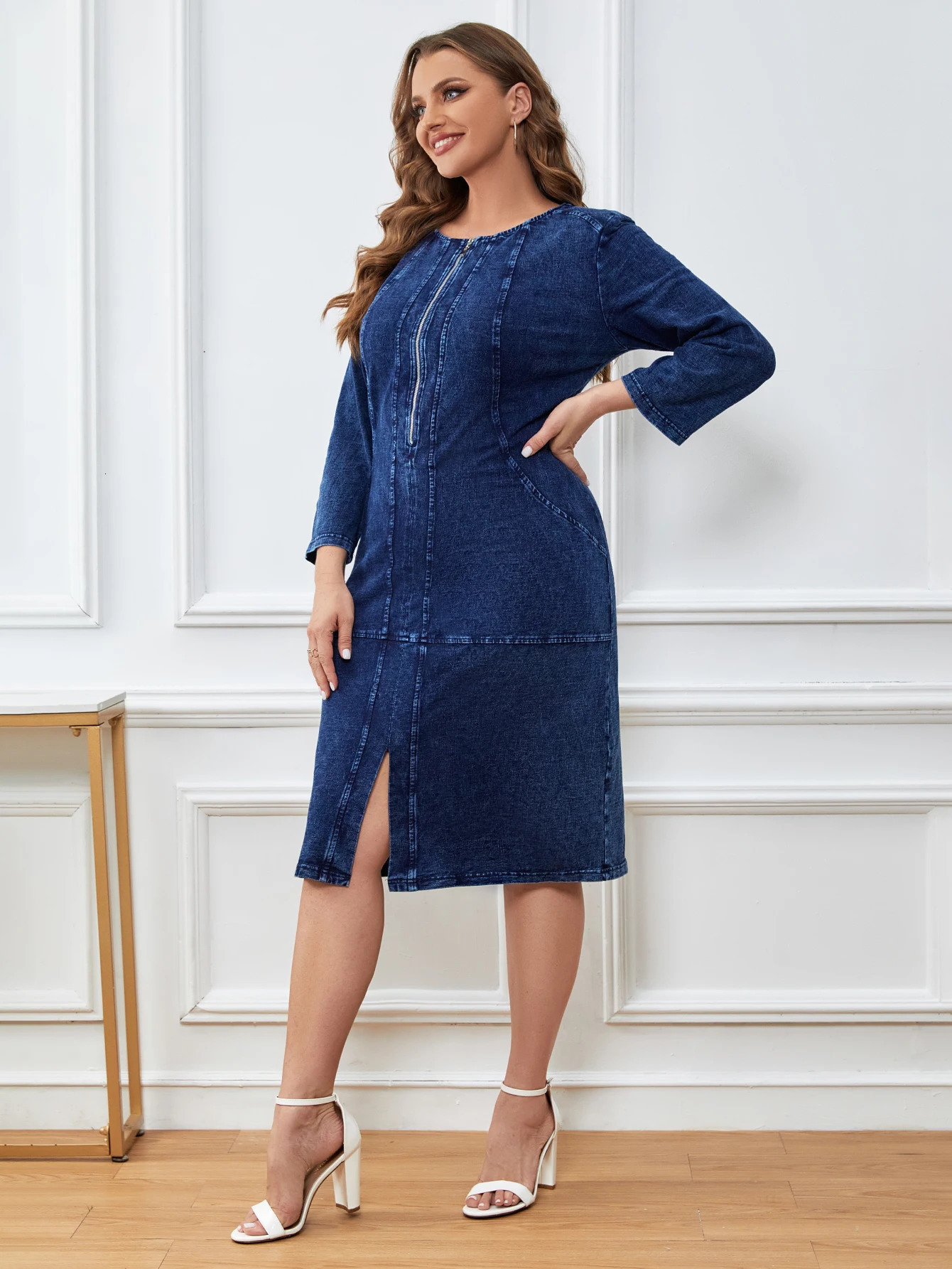 LIH HUA Womens Plus Size Denim Dress Autumn Chic Elegant Dresses For Chubby Women Cotton Knitted Dress 240407