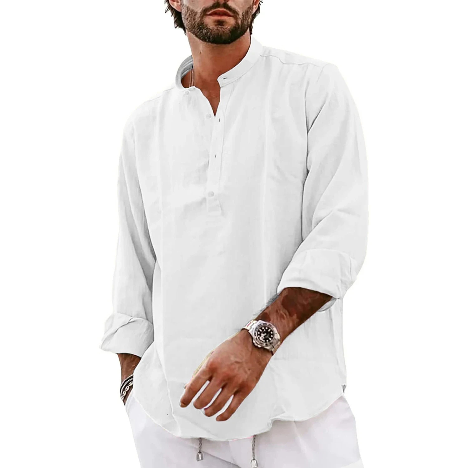 Mens Long Sleeve Cotton TShirts Lightweight Streetwear Henley Linen Shirts for Men Breathable Oversized Solid Color Tops 241108