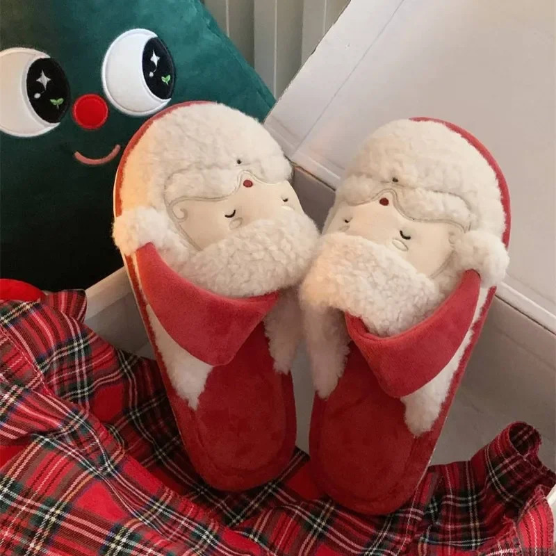 Cute Santa Claus Mens Indoor Non slip Woolen Leather Shoes Couple Winter Warm Cotton Slippers Christmas Party 241113