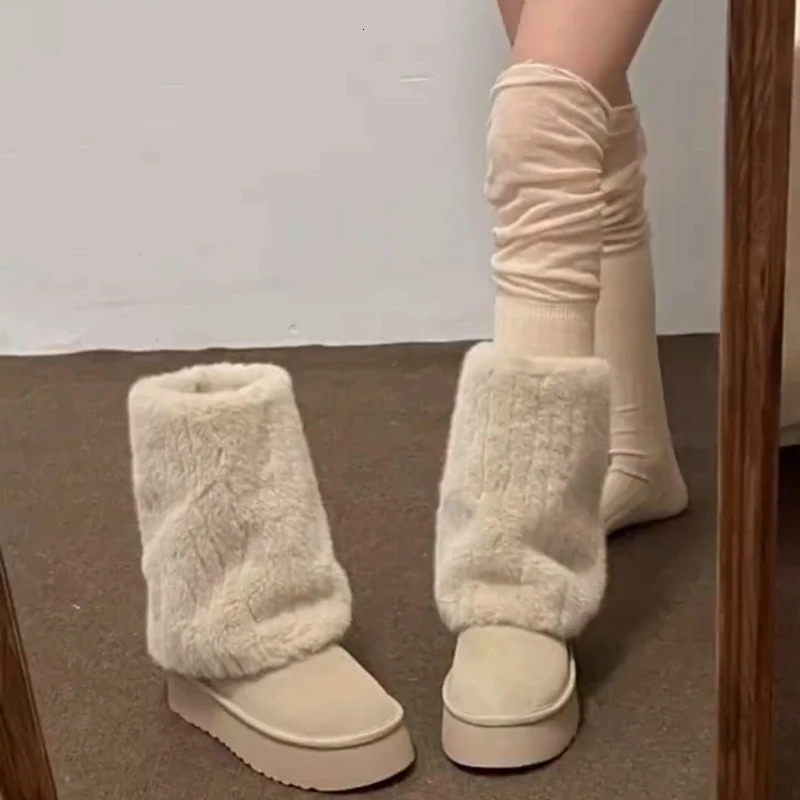 platform cold winter snow boots fashionable long haired small leg boots wedge-shaped womens shoes comfortable and warm winter boots 241113
