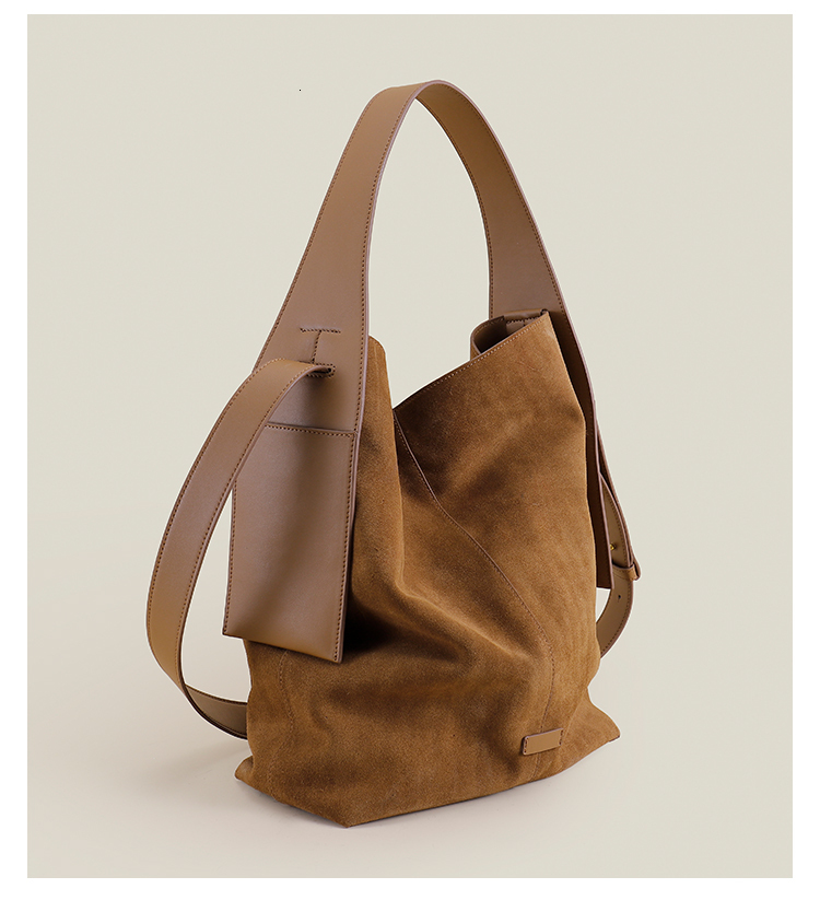 Ins Chic Slouchy Style Soft Touch Bucket Tote Big Genuine Suede Leather Women Shoulder Bag Matte Nubuck Office Ladies Handbag Suede BagVoyage