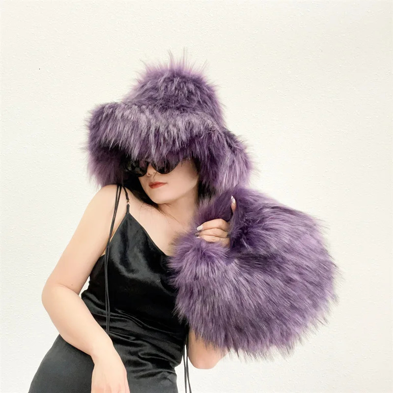 Winter Womens High Fashion Hat Fur Bucket Hat for Girls Fluffy Fisherman Hat With Fur Handbag Set 241113