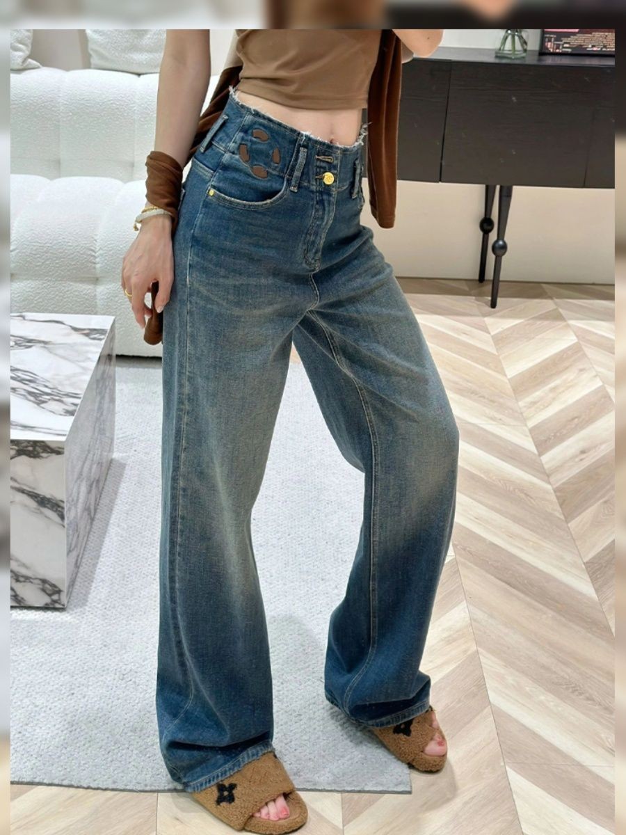 Women logo embroidery fashion designer denim jeans loose long pants trousers SMLXLXXL