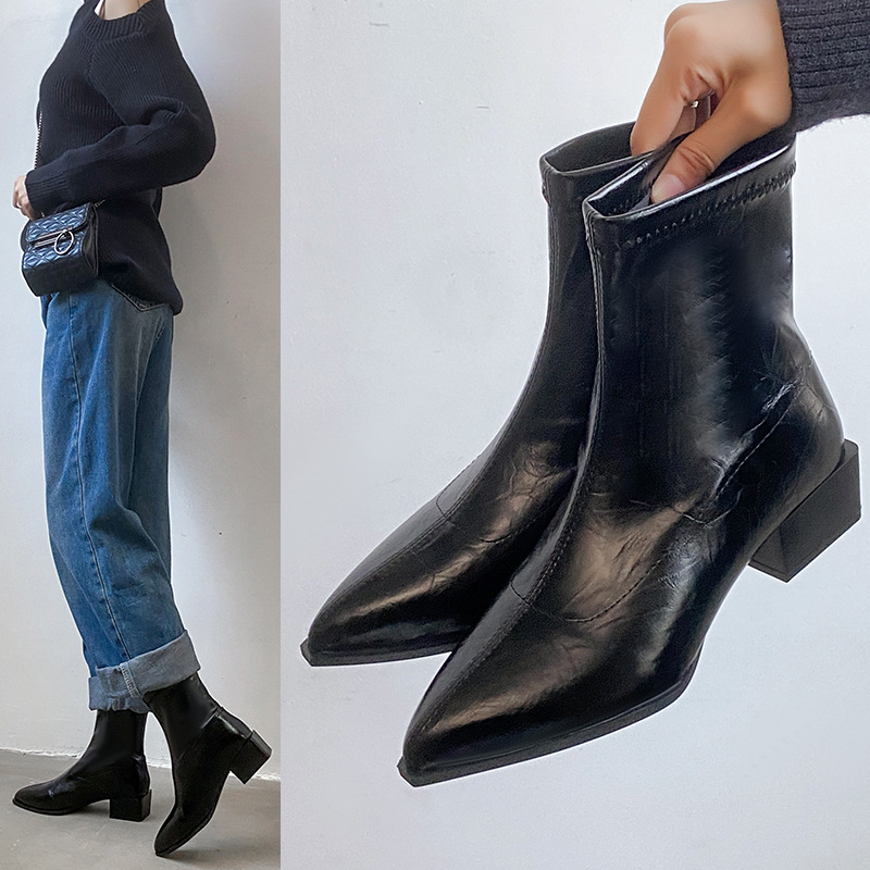 35-44 Large Autumn Winter Pointed Coarse Heel Retro Short Boots.