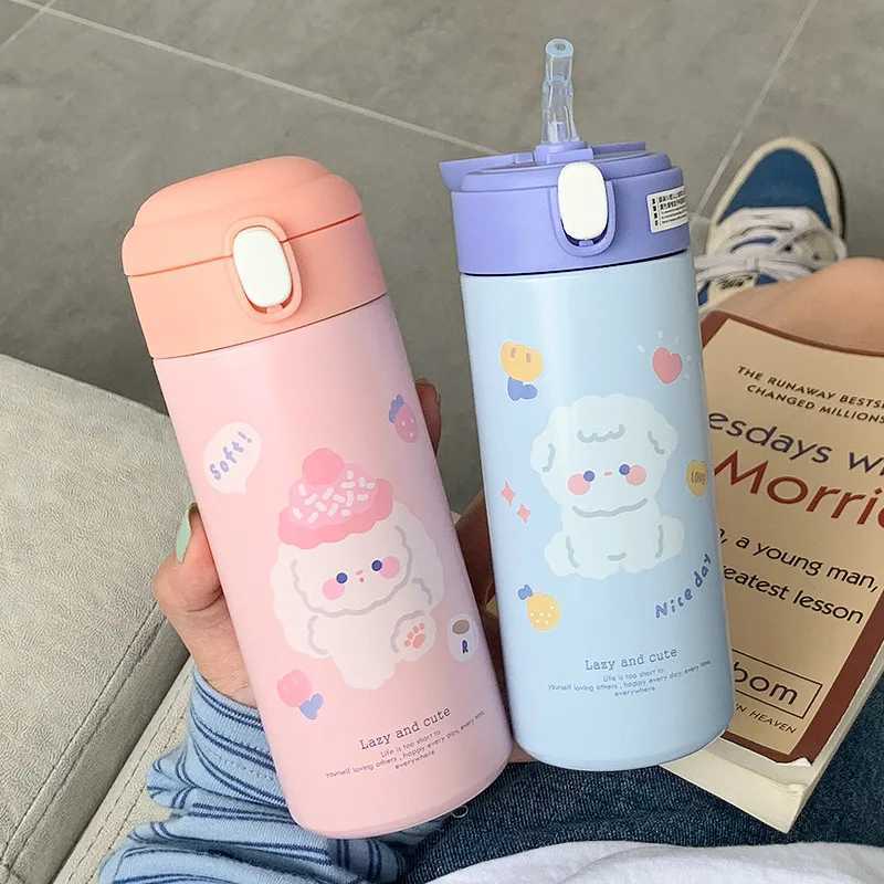 380ML stainless steel hot water bottle vacuum suction cup cute cartoon hot water bottle girl crazy straw cup beverage Y241114