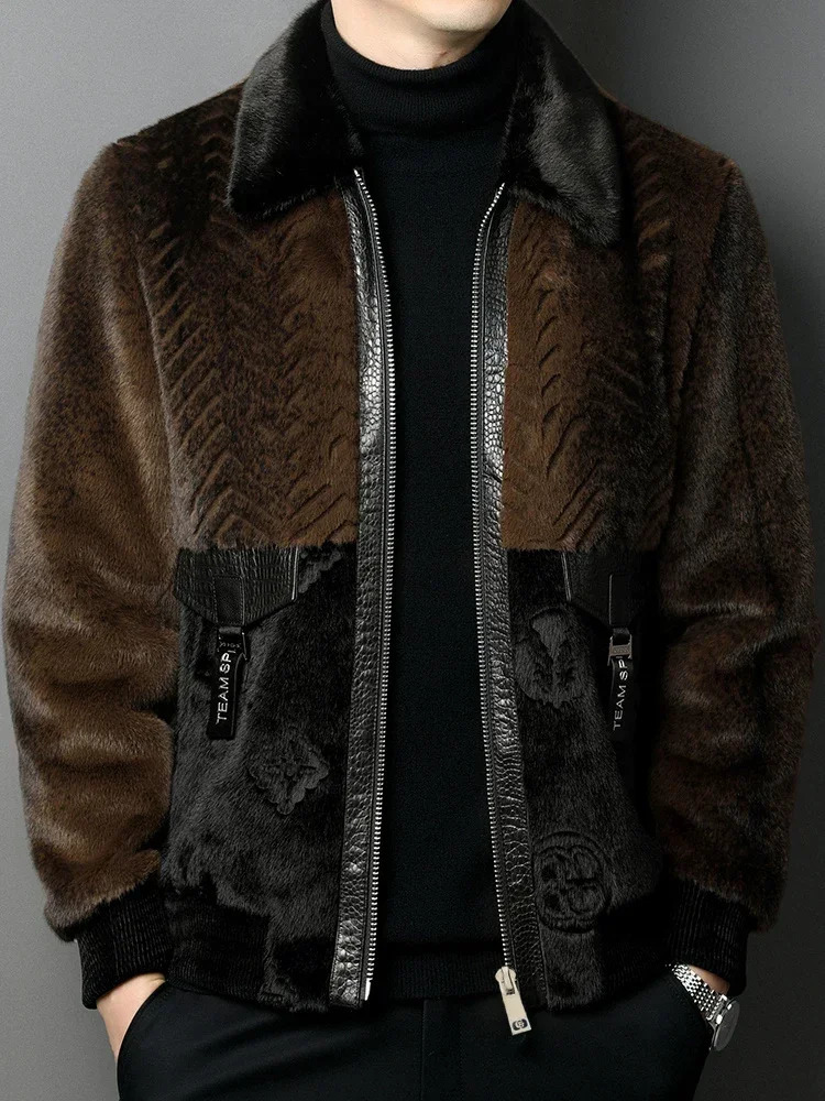 Winter Mens Fashion Fur Warm Jacket Mens Collar Patch Work Jacket Mens Genuine Fur Casual Jacket F467 241113