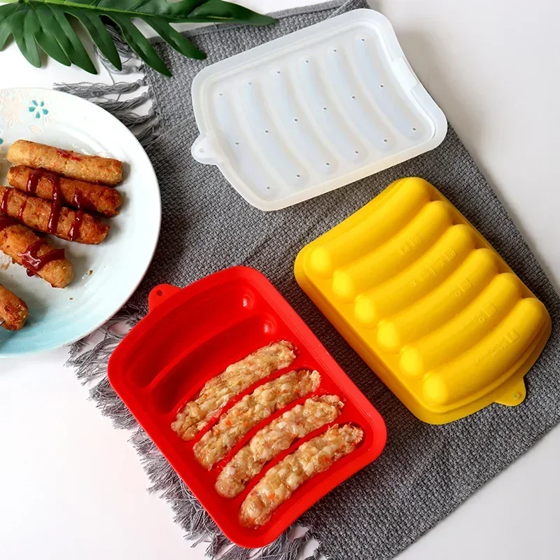 Silicone Hamburger Hot Dog Making Tray with Lid Food Grade Sausage Mold Handmade Children Food Machine Kitchen Cooking Gadgets
