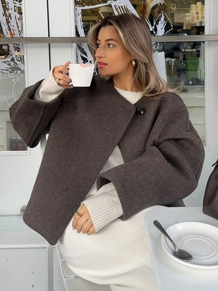 Elegant Solid Wool Mixture Winter Coats Fashion One Button Oneck Warm Lady Jacket 2024 Long Sleeve Allmatch Outwear 241113