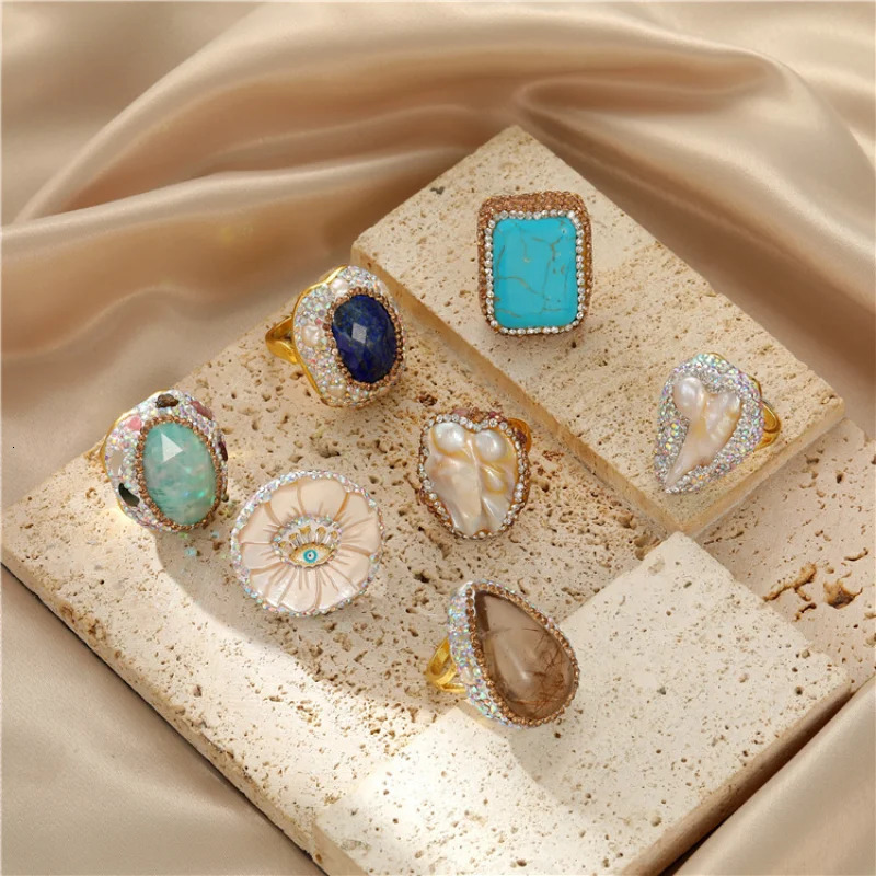 Vintage Elegant Baroque Freshwater Pearl Ring Female Simulation Gemstone Turquoise Crystal Ring Gold Plated 241113