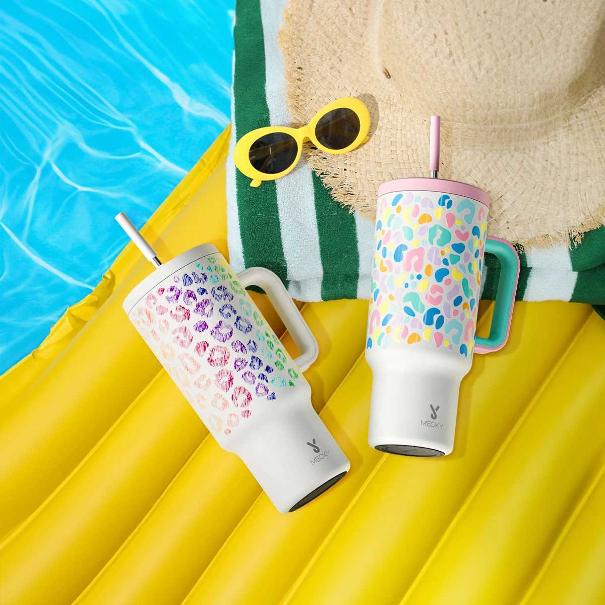 Meoky 40oz handle straw hot cup Mtiple printed stainless steel bottle vacuum cleaner car g best Christmas gift Y241114