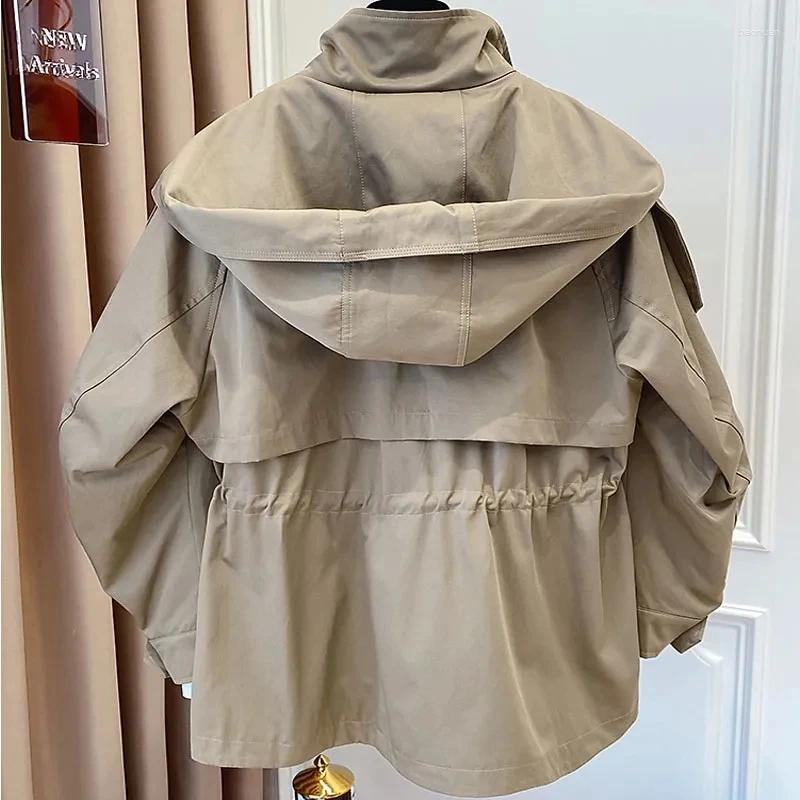 Women's Jackets Spring Autumn Oversized Casual Waterproof Khaki Windbreaker Women Long Sleeve Hood Drawstring Zipper Jacket