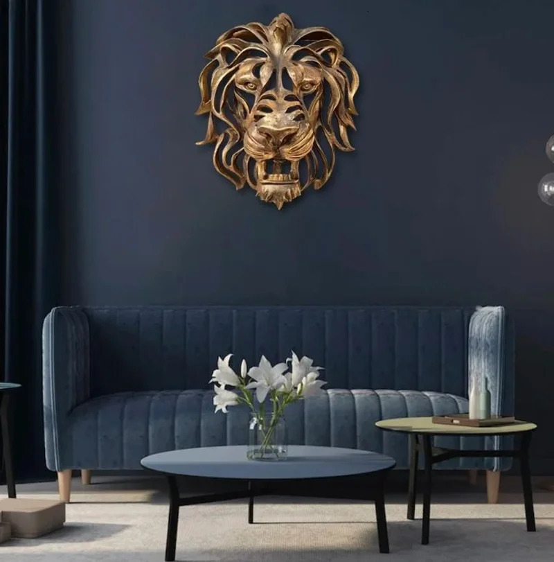 2 Rare Large Lion Head Wall Mounted Gold Art Sculptures Home Decoration Gifts Living Room Bedroom Direct Resin Decoration 241113