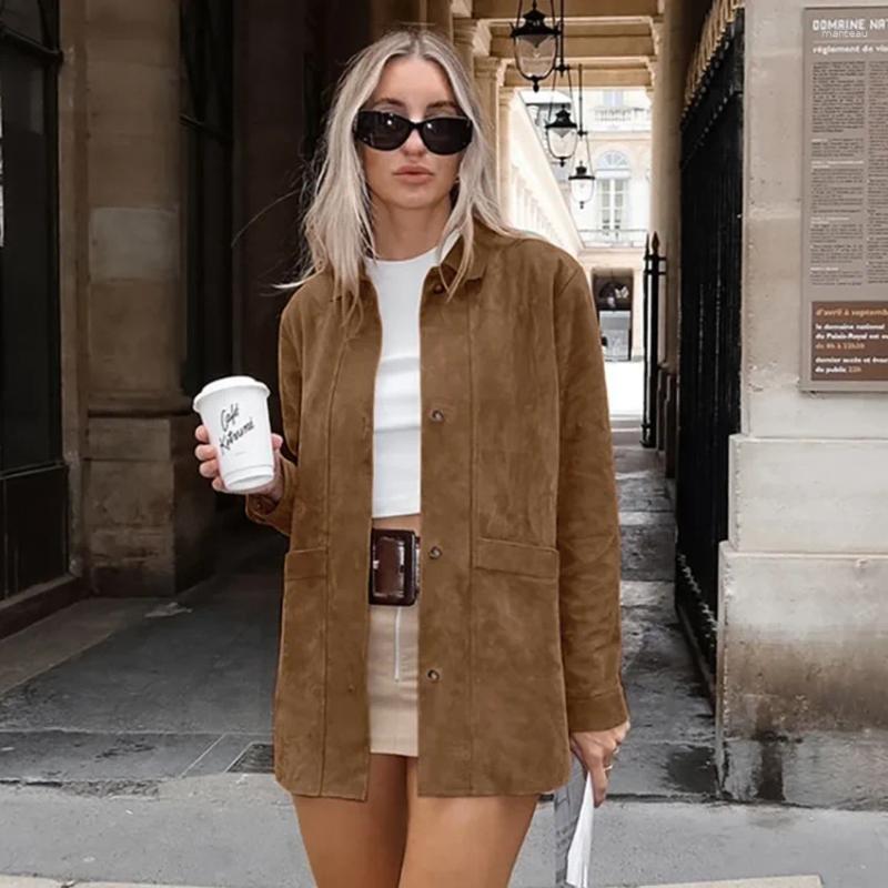 Women's Jackets Fashion Brown Suede Shirts For Women Elegant Turn-down Collar Single Breasted Pocket Female Autumn Lady Street Outerwear