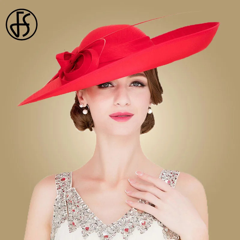 FS Royal Red Ladies Weddings Hats Fascinators Women Black Large Big Brim Kentucky Church Fedoras Party Dress Sinamay Hat 240412