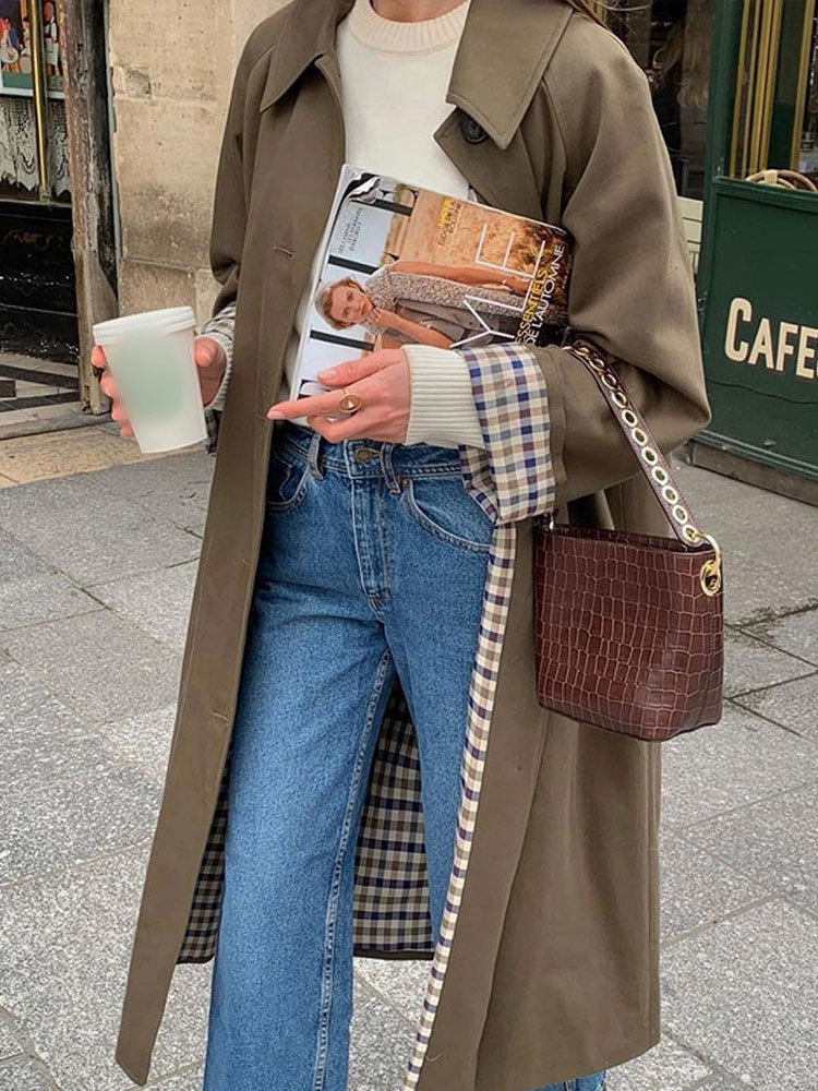 Women's long windbreaker loose collar single breasted coat autumn long sleeved women's retro women's jacket windbreaker coat, street dr