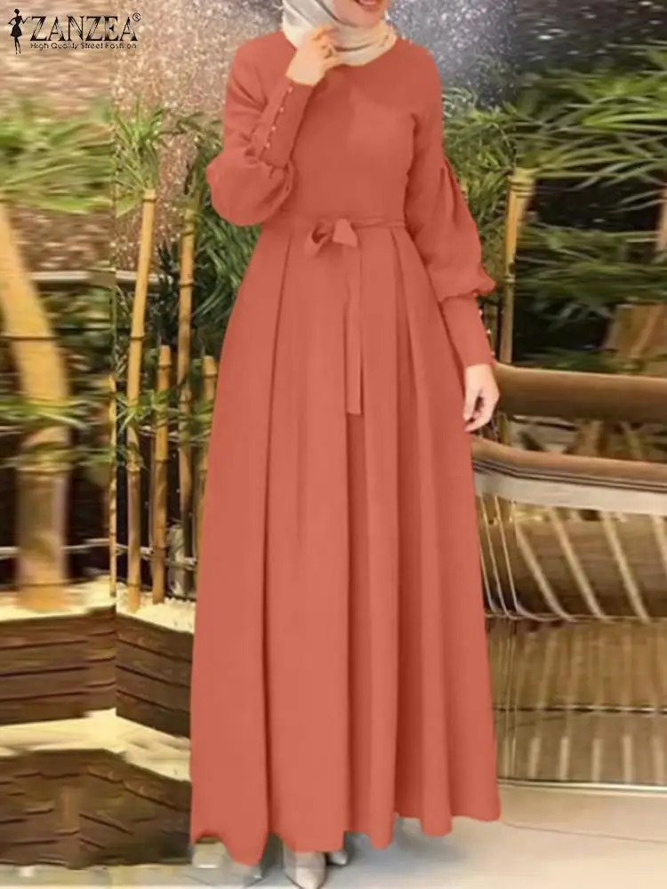 ZANZEA Womens Autumn Sun Skirt Muslim Headband Abaya Dubai Robe Elegant Long Sleeve Party Maxi Vestidos Kaftan 241111