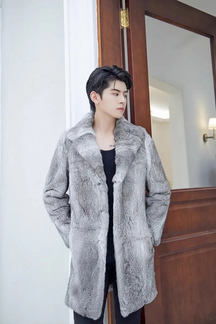 Gennie Natural Rabbit Fur Coat for Men with British Collar Long Fashion Jacket for Warmth Customized in Winter Any Size 241113