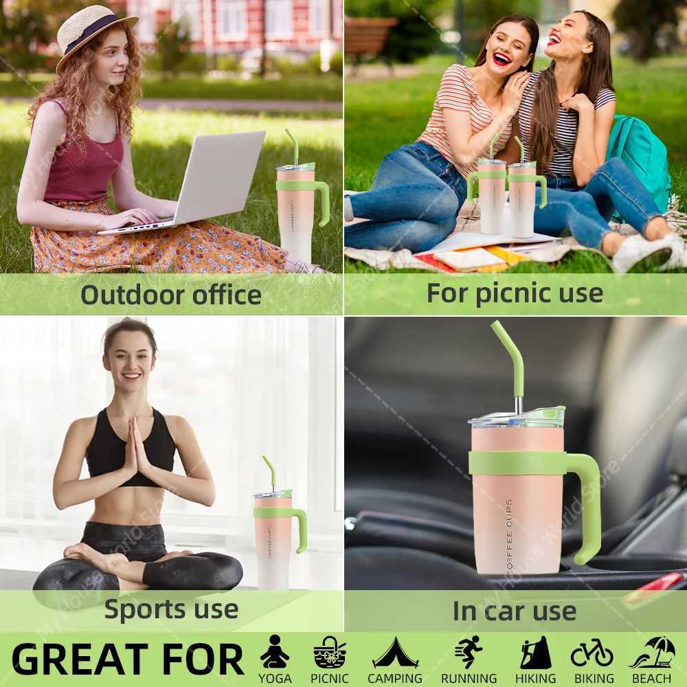 40 oz stainless steel hot bottle with handle straw gradient large capacity coffee cup inflatable hot bottle g Y241114