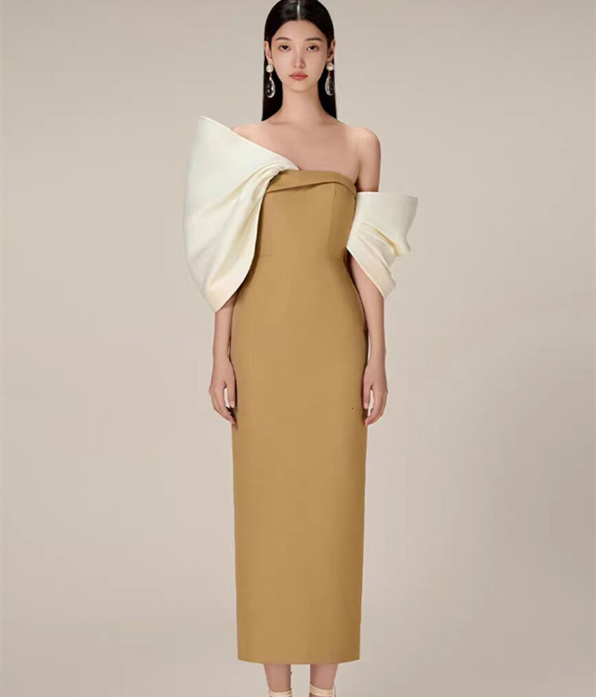 New Runway Fashion Summer Prom Party Pencil Dress French Women Sexy Off The Shoulder Back Large Bow Bodycon Split Midi Vestidos