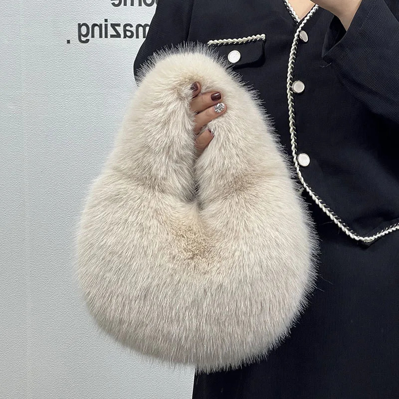 Fashion Soft Plush Half Moon Bags for Women er Fluffy Faux Fur Lady Handbags Small Tote Female Winter Purses 241114