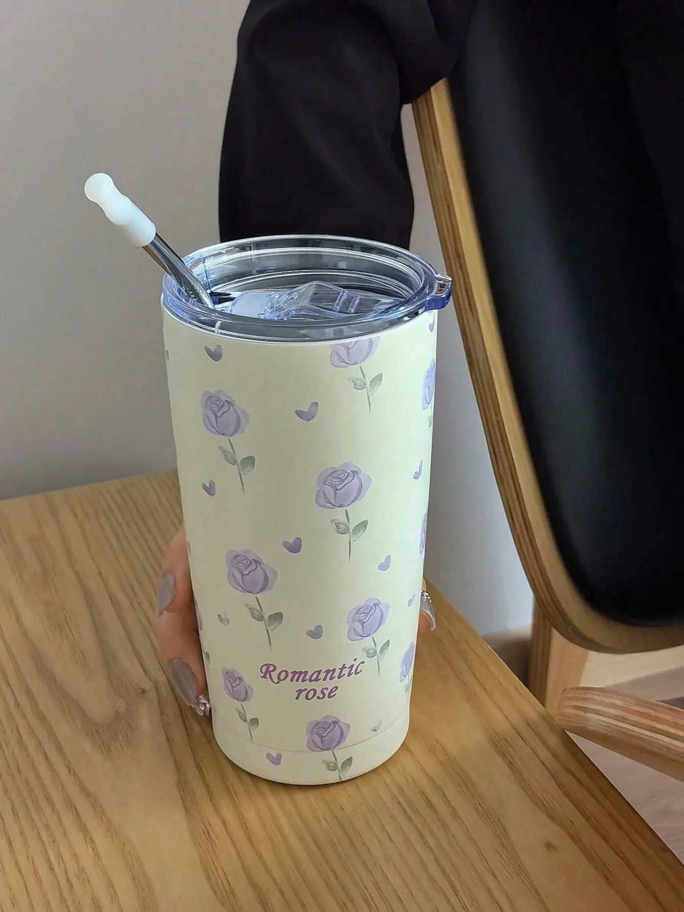 1PC 550ml rose patterned double-layer stainless steel hot cup g coffee cup water bottle travel g Halloween/Christmas/ Y241114