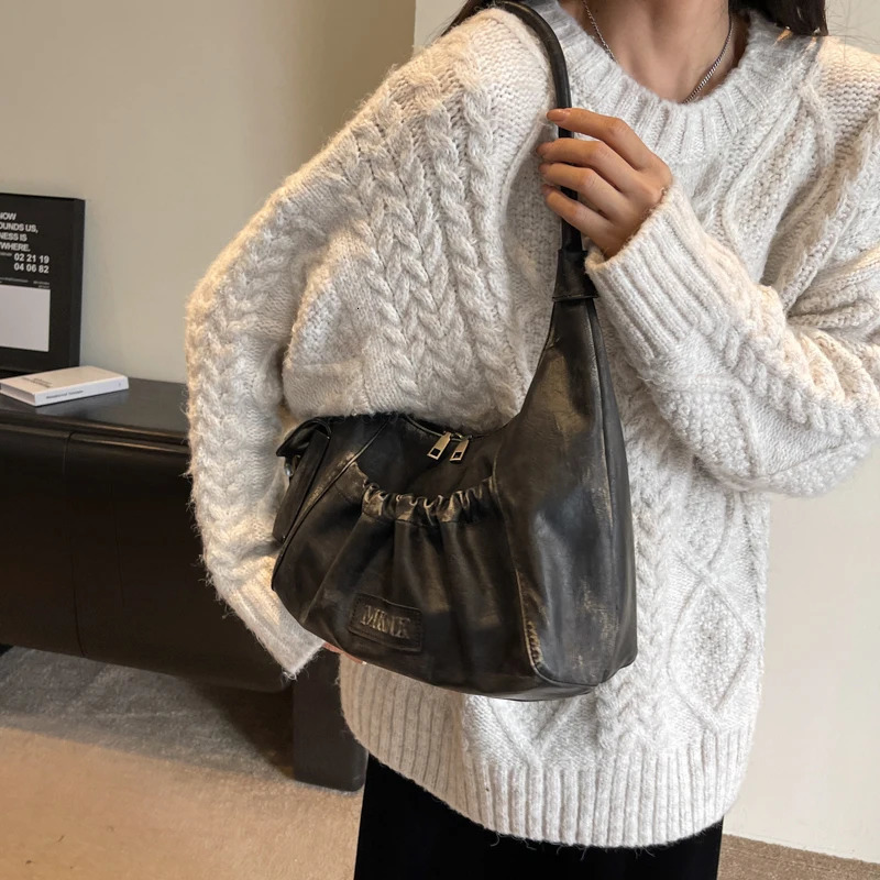 LEFTSIDE Retro Leather Shoulder Bags for Women Winter Vintage Underarm Bag Handbags and Purses Latest Fashion Hand Bag 241114