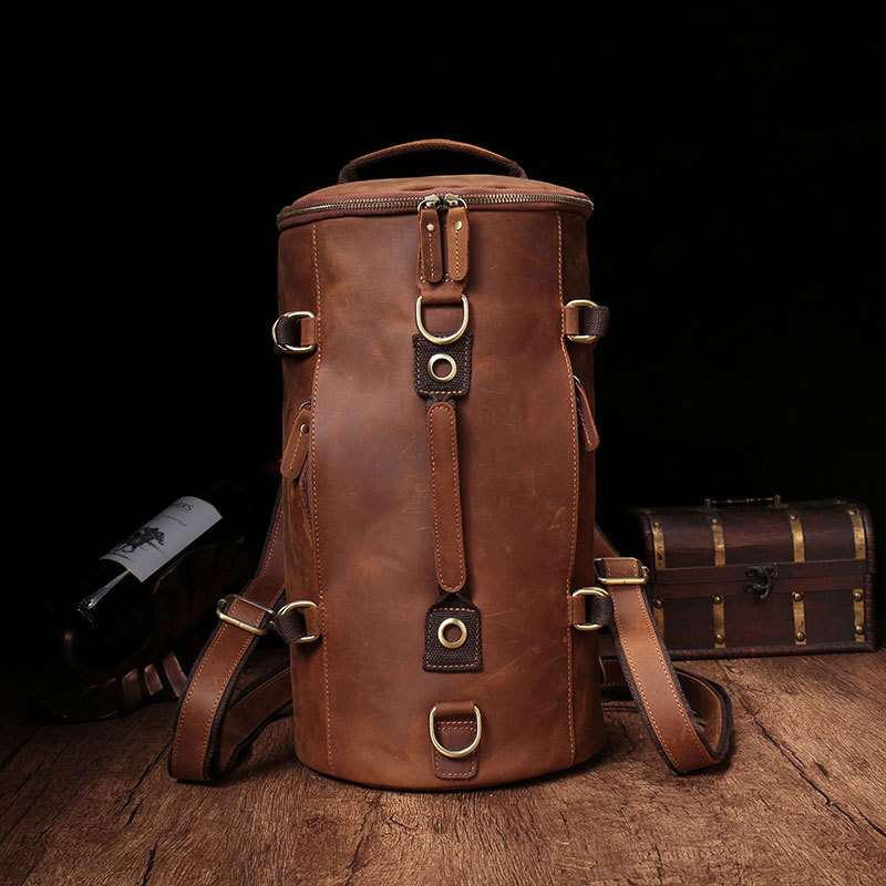 Unique Design Backpack For Men Vintage Crazy Horse Leather Bucket Daypack Large Travel Bag Male Backpac Genuine Leather BagVoyage
