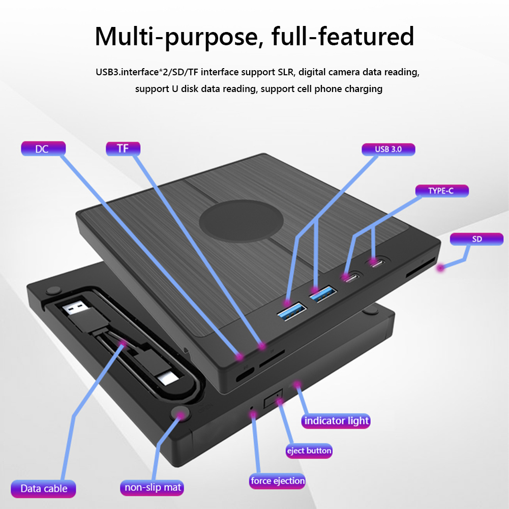 7 in 1 External CD/DVD Drive CD Burner with 2 USB/Type-C Ports USB 3.0 CD/DVD Disk Drive Player Burner Reader Writer for Laptop