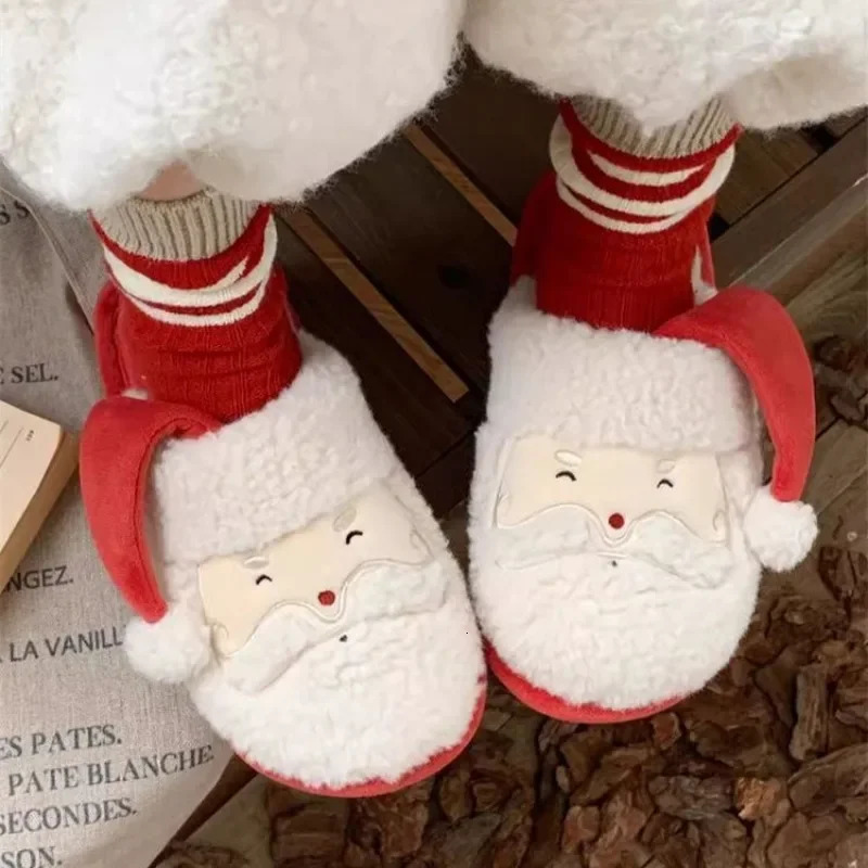 Cute Santa Claus Mens Indoor Non slip Woolen Leather Shoes Couple Winter Warm Cotton Slippers Christmas Party 241113