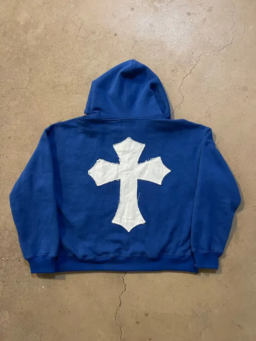 Y2K Blue Retro Cross Patchwork Loose Hoodies SAINTS Sweatshirt Fashion Oversized Zip Up Hoodie Men Streetwear Women Clothing 241112