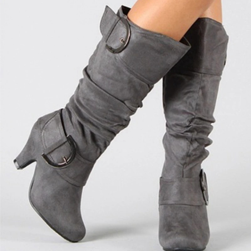REALE CAT knee high boots autumn artificial suede wide pleated smooth buckle 5cm spike boots size 35-43 gray A4370 241113