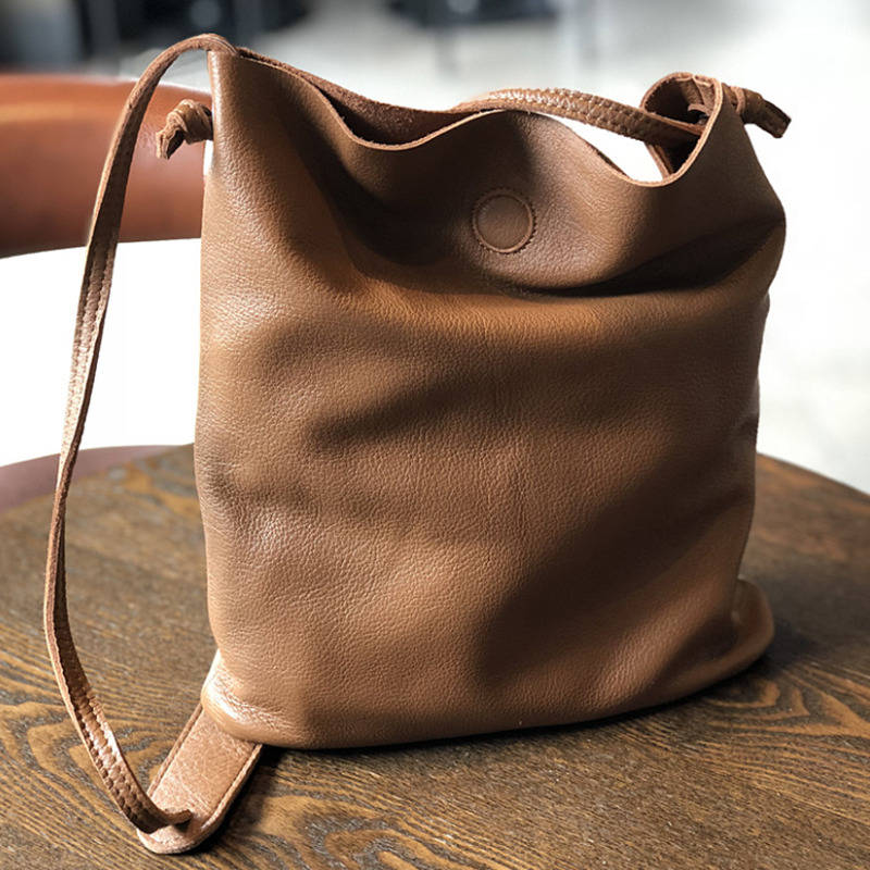 Bag Women's New Large-Capacity First Layer Cowhide Bucket Soft Leather Japanese And Korean One-Shoulder Messenger Bag Women Genuine Leather BagVo