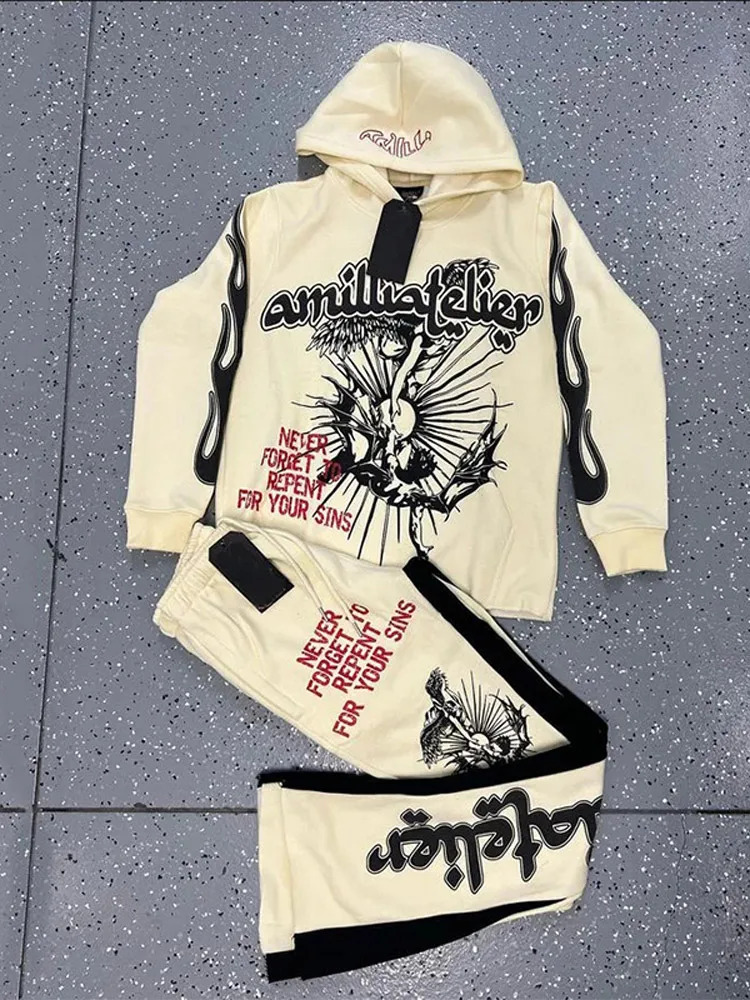 Mens Printed Hoodie Bell Pants Suit Twopiece Y2k Street Sports Hooded Sweatshirt Straight Trousers Fashion Tracksuits 241111