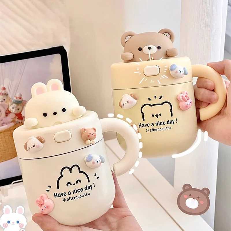 Kawaii Bear Coffee Hot Cup suitable for cold drinks hot drinks hot tea stainless steel cup with straw lid Y241114
