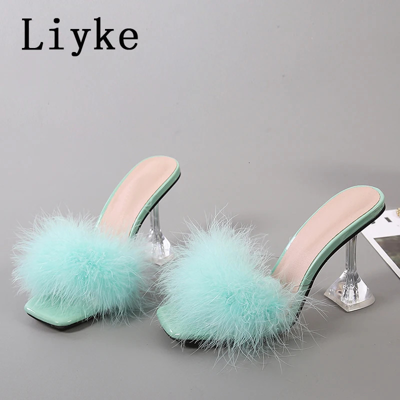 Liyke 9CM Transparent High Heels Fur Slippers Women Feather Sandals Peep Toe Mules Lady Pumps Slides Party Shoes Pink 241114