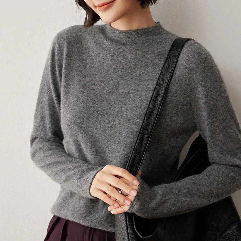 Womens rolled edge semi high neck cashmere sweater autumn and winter long sleeved solid color basic latte art skydiving knitted top 241113