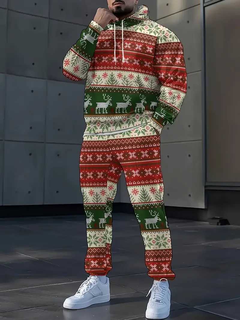 Mens Christmas Hoodie Set 3D Printed Adult and Child Two Piece Set Tracksuit New Years Party Couple Christmas Gift Extra Large Sweater Set X241113