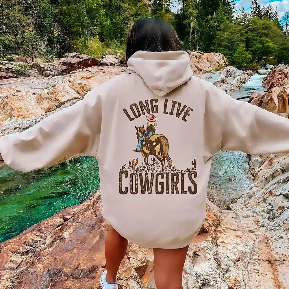 Long Live Cowgirls Hoodie Western Desert Hooded Sweatshirt Vintage Cactus Cowgirl Pullover Wild West Country Girl Trendy Hoodies 241113
