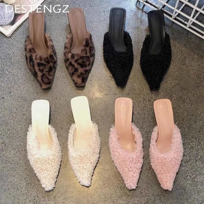 Fur Leopard Pointed Toe Women Slippers Fashion Sexy Mid Heels Dress Shoes Woman 2025 Trend Winter Pumps Walking Zapatillas Mujer 241114