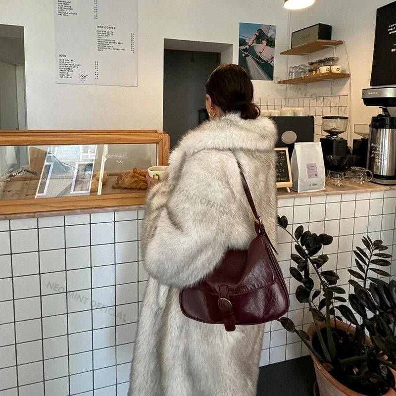 Neo Mint Slouchy chic gradient long environmentally friendly artificial fur coat for womens winter thick warm fluffy fox fur leather jacket fashionabl