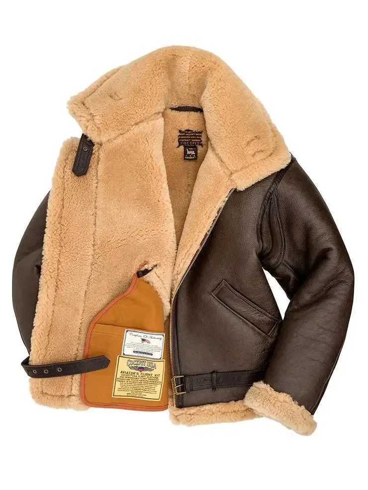 New faux leather wool fur integrated mens jacket with long sleeves and thick faux fur W241113