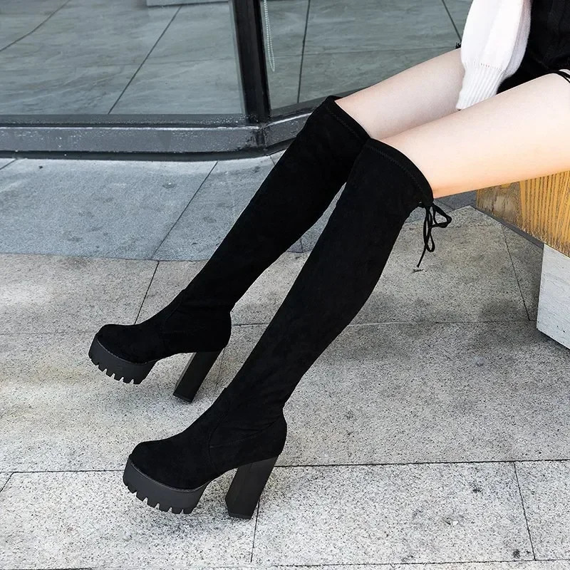 Winter sexy boots tight fitting knight suede round head combat women warm sliding over knees Botines De Mujer black long Botas 241113