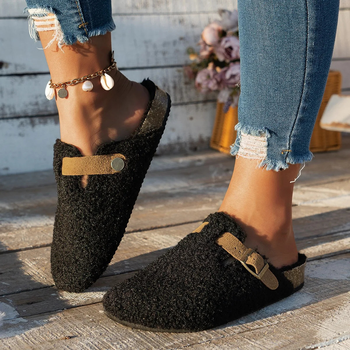 Women Slippers Mules Fur Women Shoes Winter Buckle Flats Platform Walking Plush Ladies Slides Casual Warm Indoor Boots Women 241114