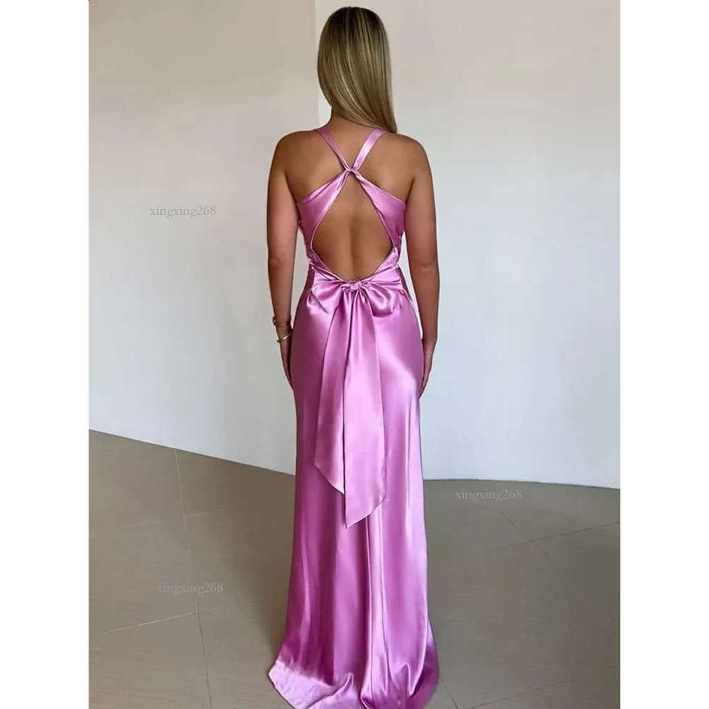 Mozision Satin Bow Backless Sexy Maxi Dress For Women Gown Fashion V Neck Sleeveless Club Party Evening Elegant 240801