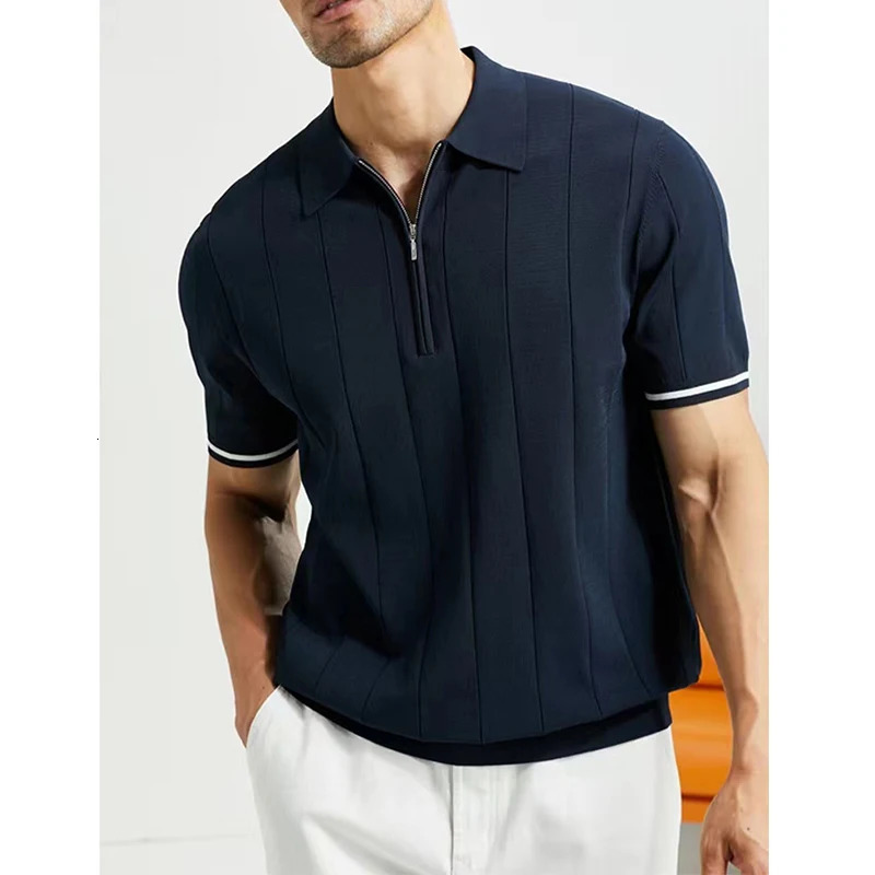 Summer mens clothing lapel zipper polo shirt fashionable business casual vertical line loose solid short sleeved thin top 2024 241113