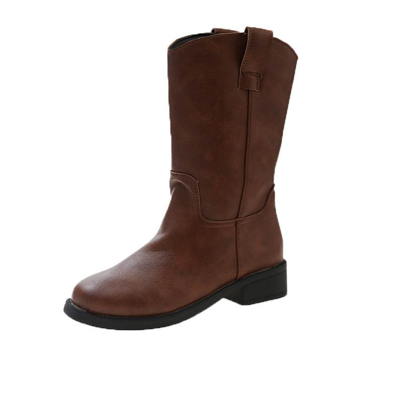 Korean Version Loose Retro V-neck Round Toe Thick Heel Midsole Knight Boots.