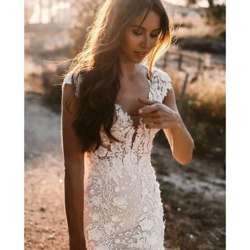 Beach Boho Mermaid Wedding Dresses Lace Deep V-Neck Necke Cap Sleeves Chapel Train Plus Size Bride Gown Vestidos De Novia Bc10939 Ba9793 6660311