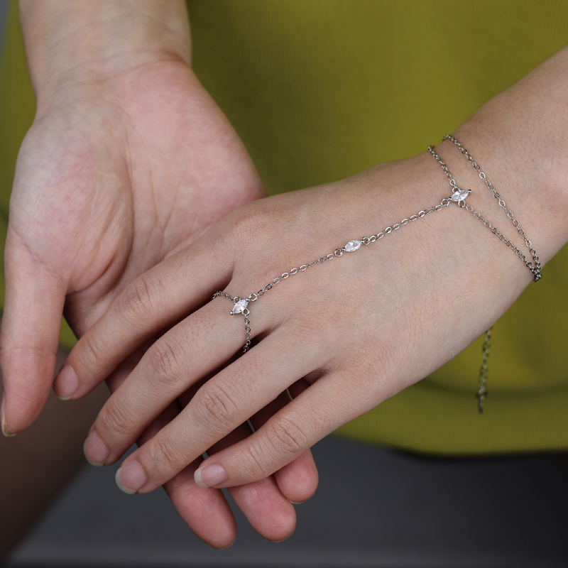 Geometric 3 Pcs Marquise Cubic Zirconia CZ Double Wrist Hand Chain Bracelet Simple Fashion Women Jewelry