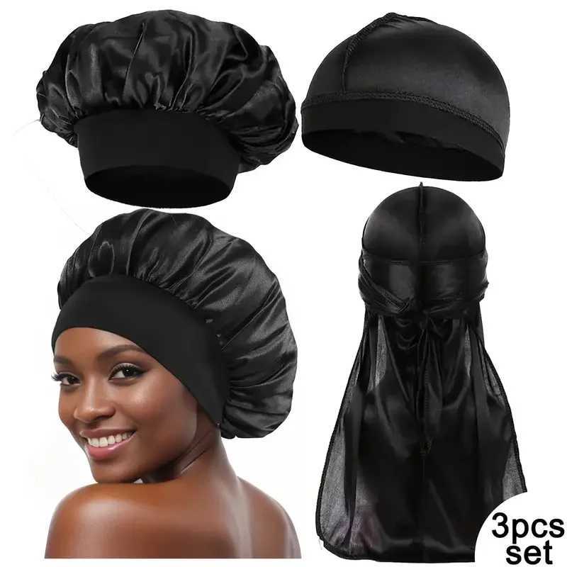 Neutral womens silk satin hat 3-piece set Durag Bonnet silk Durags Bandanas mens turbo hat long tail sleep shower hat W241113